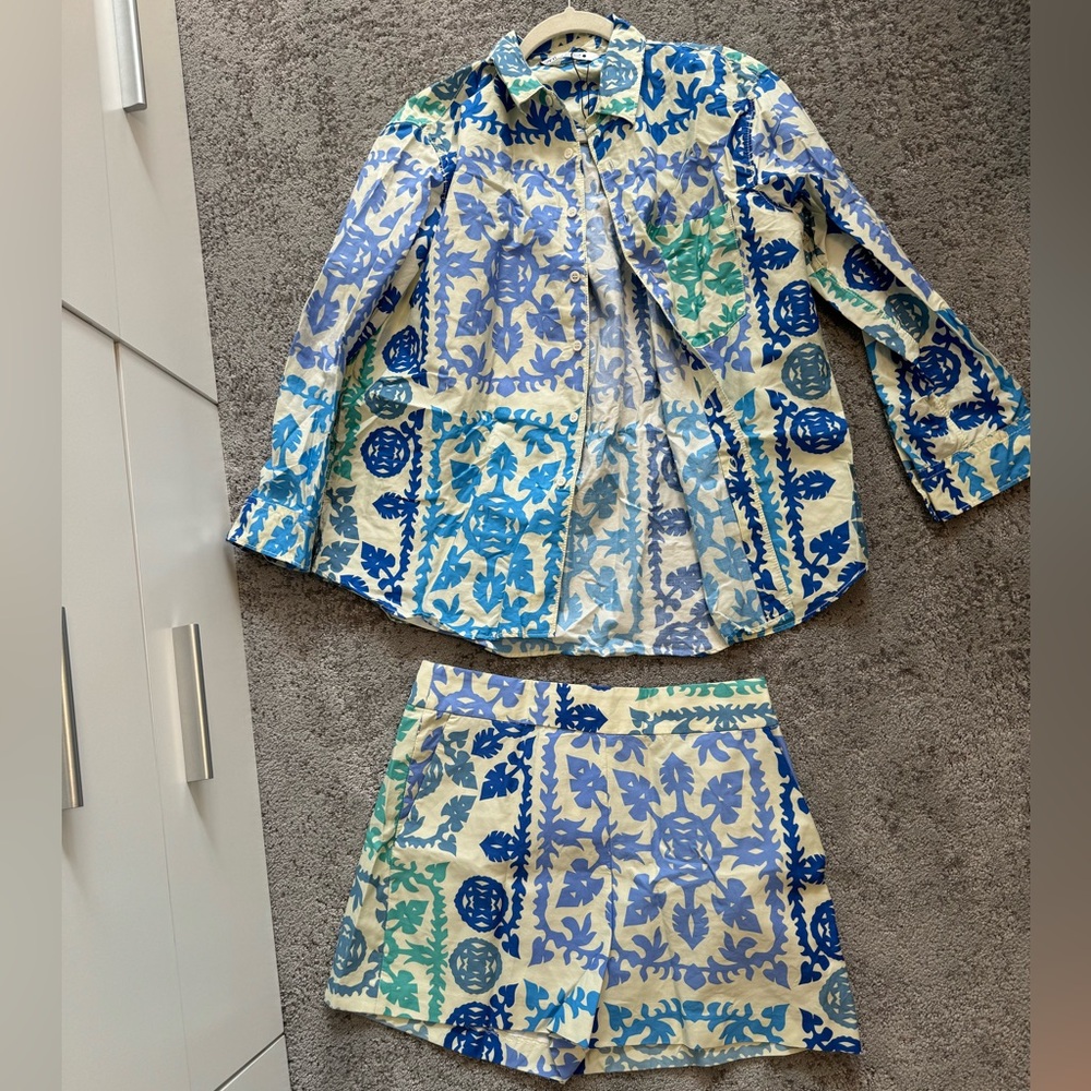 Zara Blue Green Floral Print Shirt and Shorts Set